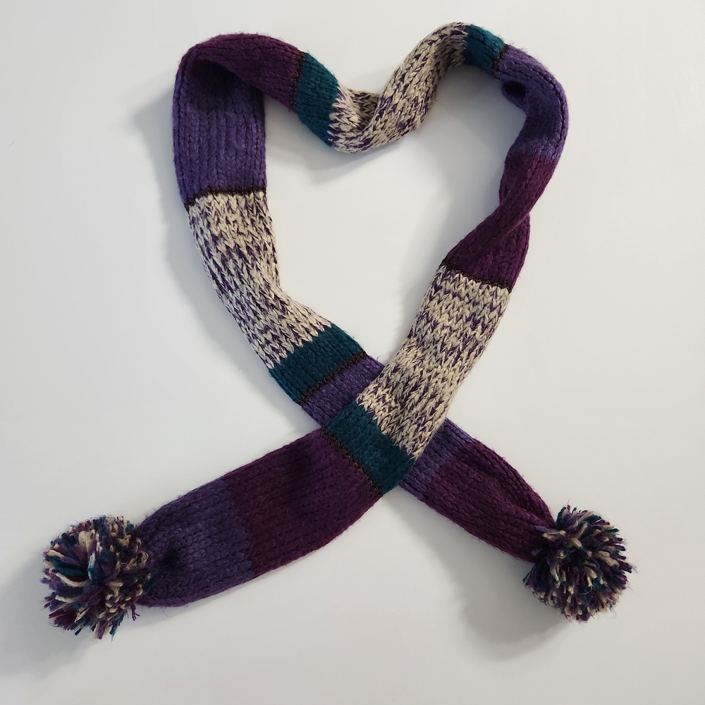 Striped Knit Sweater Scarf with Pom Poms